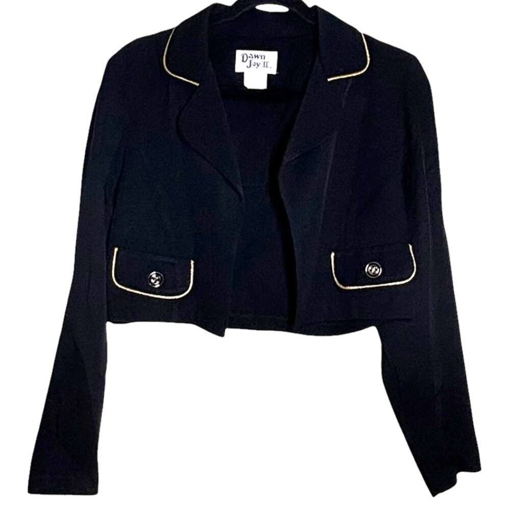 Vintage 80's-90's Cropped Black Blazer Jacket Gold Trim Mod Officecore M 6 - Picture 2 of 6